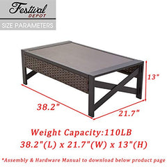 Festival Depot Coffee Outdoor Dining Furniture Bistro Side Patio Table Rectangle Wicker Rattan Wood Grain Desktop with Side X Shaped Slatted Steel Legs Garden All Weather 38.2"(L) x 21.7"(W) x 13"(H)