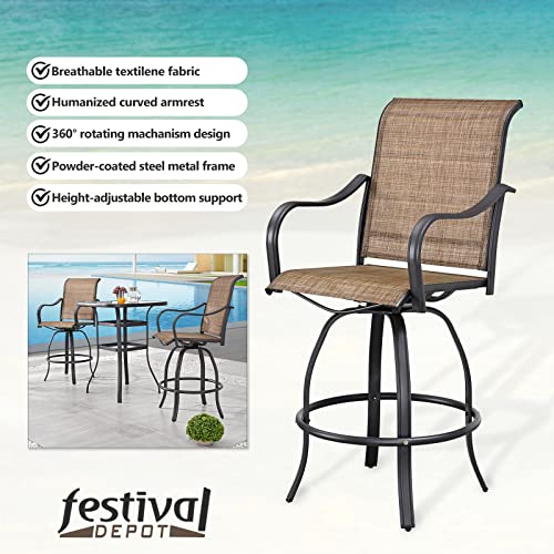 Festival Depot 9pcs Patio Dining Set Bar Height Stools Swivel Bistro Chairs with Armrest and Tempered Glass Top Table Metal Outdoor Furniture for Yard (Brown)