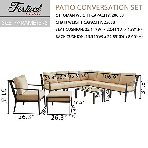 Festival Depot 10-Pieces Patio Outdoor Furniture Conversation Sets Sectional Corner Sofa, All-Weather Black X Slatted Back Chairs with Coffee Side Table and Soft Removable Couch Cushions (Beige)