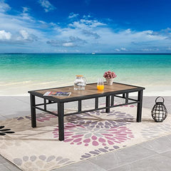 Sports Festival 1 Pcs Patio Coffee Side Table Outdoor Furniture with Wooden Desktop and Metal Frame Modern Rectangle Table for Porch Garden Poolside Deck Lawn Balcony