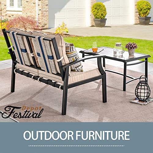 Festival Depot 2 Pcs Patio Set Conversation Set with Coffee Table Outdoor Furniture Loveseat Armchair with Hand-Woven Textilene Rope Backrest (Black Metal Frame with Beige Cushion)