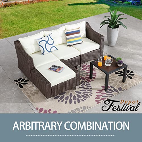 Festival Depot 5 Pcs Patio Conversation Set Outdoor Furniture Combination Sectional Sofa All-Weather PE Wicker Metal Armchairs with Seating Back Cushions Side Coffee Table Ottoman (Beige)