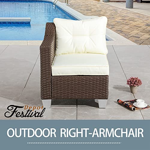 Festival Depot Patio Rattan Wicker Single Sofa Outdoor Sectional Chair with Removable Cushion Metal Frame All Weather Waterproof Furniture Seating for Garden Yard Lawn Pool (Beige)