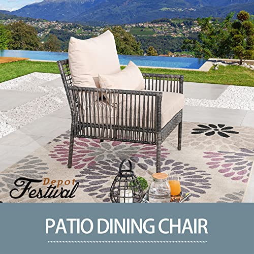 Festival Depot Patio Wicker Dining Chair, All-Weather Rattan Sectional Sofa Outdoor Furniture with Metal Frame Removable Seat & Back Cushion Pillow for Garden Pool Backyard Lawn (Beige)