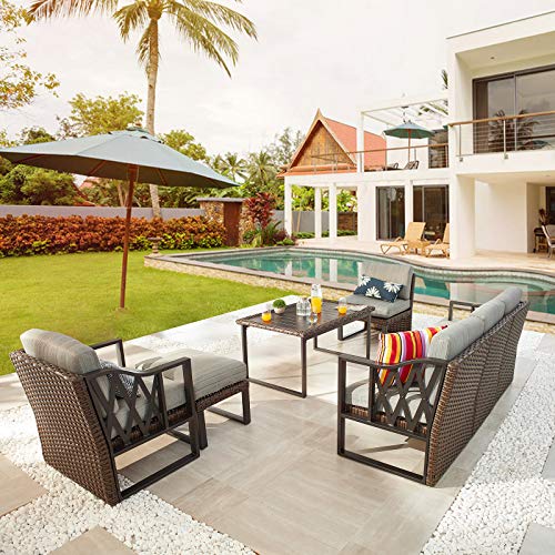 Festival Depot 7pcs Outdoor Furniture Patio Conversation Set Sectional Sofa Chairs Couch Brown All Weather Wicker Ottoman Coffee Table with Seat Back Thick Grey Cushions, Black 