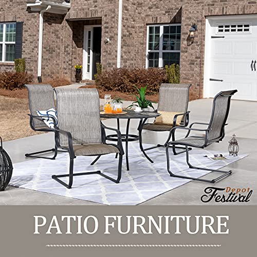 Festival Depot 5 Pieces Patio Dining Set of 4 High Back Chairs with Textilene Fabric and 1 Round Wrought Iron Table with 2.04" Umbrella Hole Outdoor Furniture for Backyard Deck Garden
