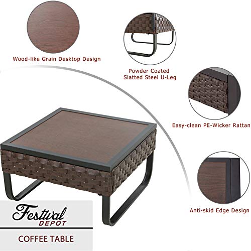 Festival Depot Coffee Outdoor Dining Furniture Bistro Side Patio Table Square Wicker Rattan Wood Grain Desktop with Side U Shaped Slatted Steel Leg Lawn Garden All Weather 23.6"(L)*23.6"(W)*13.7"(H) 
