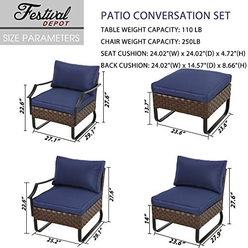 Festival Depot 6-Piece Patio Furniture Armchair Conversation Set Outdoor All-Weather Metal Chairs with Coffee Table and Ottoman for Porch Lawn Garden Balcony Pool Backyard, Soft Blue Cushions