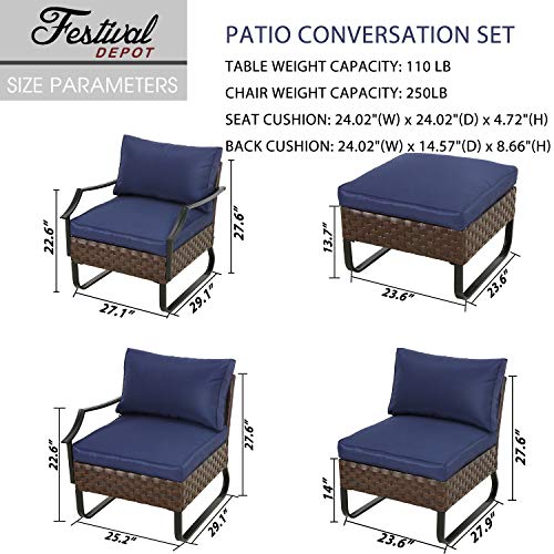 Festival Depot 6-Piece Patio Furniture Armchair Conversation Set Outdoor All-Weather Metal Chairs with Coffee Table and Ottoman for Porch Lawn Garden Balcony Pool Backyard, Thick Blue Cushions, Brown 
