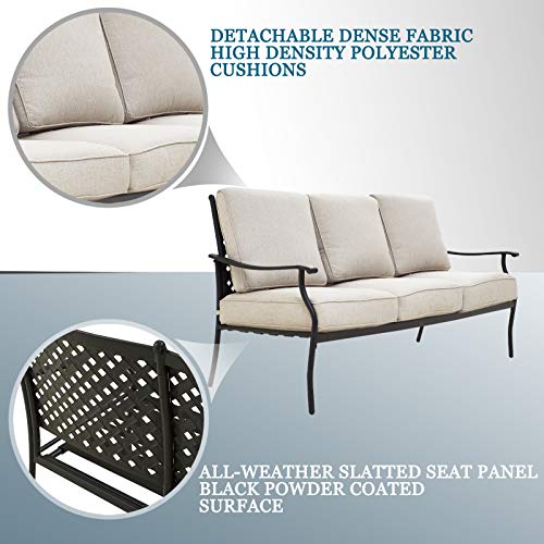 Festival Depot 4Pcs Outdoor Furniture Patio Conversation Set All Weather Black Metal Armchair Loveseat with Seat and Back Cushions, 3-Seating Chair, Rectangle Coffee Tables for Deck Lawn Garden