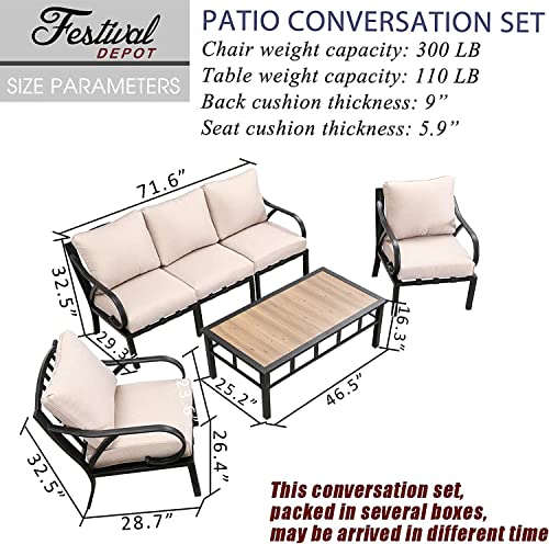 Festival Depot 6pcs Patio Conversation Set Sectional Metal Chairs with Cushions and Coffee Table All Weather Outdoor Furniture for Garden Backyard, Beige