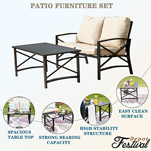 Festival Depot 2pcs Outdoor Furniture Patio Conversation Set Metal Coffee Table Loveseat Armchairs with Seat and Back Cushions Without Pillows for Lawn Beach Backyard Pool, Khaki