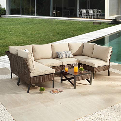 Festival Depot 7 Pcs Patio Outdoor Furniture Conversation Set Sectional Corner Sofa with All-Weather Brown Wicker Back Chair, Coffee Side Table, Ottoman and Soft Thick Removable Couch Cushions