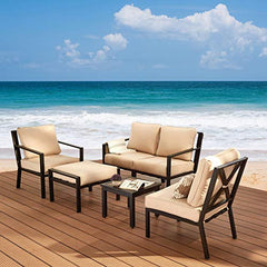 Festival Depot 6-Piece Patio Sectional Corner Sectional Sofa Set with Ottoman and Coffee Table Outdoor All-Weather Metal Chairs for Porch Lawn Garden Balcony Pool Backyard, Grey Cushions, Black