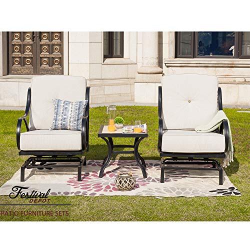 Festival Depot 3-Piece Bistro Outdoor Patio Furniture Sets Square Metal Ceramic Top Coffee Table Slatted Steel Frame Armrest Chairs with Curved Armrest with 5.9''Thick Soft Cushions Garden Porch,White
