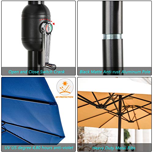Festival Depot 14.7 ft Patio Outdoor Double-Sided Umbrella Large Twin Market Ventilation Aluminum Crank for Porch, Deck, Backyard and Pool 