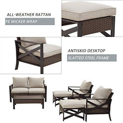 Festival Depot 8 Pcs Patio Outdoor Furniture Conversation Set Sectional Corner Sofa with All-Weather Brown PE Rattan Wicker Back Chair, Ottoman, Coffee Side Table and Removable Couch Cushions