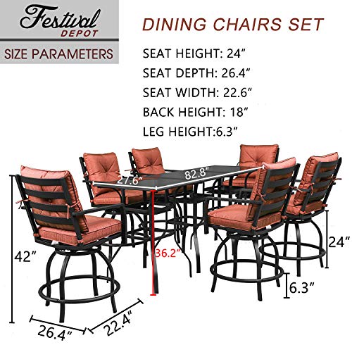 Festival Depot 9pcs Bar Bistro Outdoor Patio Furniture Set High Stool 360° Swivel Armrest Chairs with Soft&Comfort Cushions Square Tempered Glass Top Table Metal Steel Frame Leg All-Weather