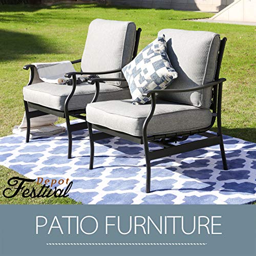 Festival Depot 2 of Outdoor Patio Bistro Armrest Chairs with Cushions Set Premium Fabric Metal Frame Furniture Set Garden Dining Seating Chair Thick & Soft Cushions