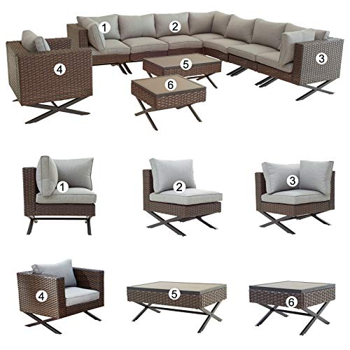 Festival Depot 8pcs Outdoor Furniture Patio Conversation Set Sectional Corner Sofa Chairs with X Shaped Metal Leg All Weather Brown Rattan Wicker Square Side Coffee Table with Grey Seat Back Cushions 