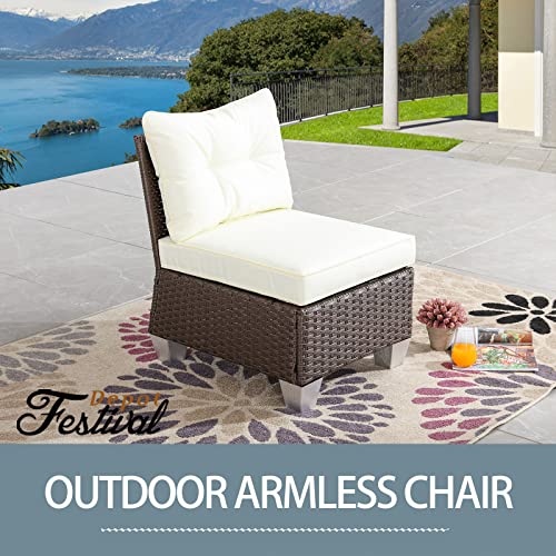 Festival Depot Patio Rattan Wicker Single Sofa Outdoor Sectional Chair with Removable Cushion Metal Frame All Weather Waterproof Furniture Seating for Garden Yard Lawn Pool (Beige)
