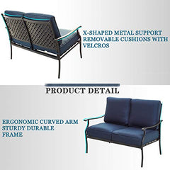 Festival Depot 4Pcs Outdoor Furniture Patio Conversation Set All Weather Black Metal Armchair Loveseat with Seat and Back Cushions, 3-Seating Chair, Rectangle Coffee Tables for Deck Lawn Garden