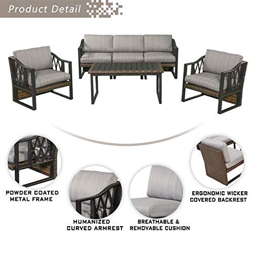 Festival Depot 6pcs Outdoor Furniture Patio Conversation Set Sectional Sofa Chairs All Weather Brown Rattan Wicker Slatted Coffee Table with Grey Thick Seat Back Cushions, Black 