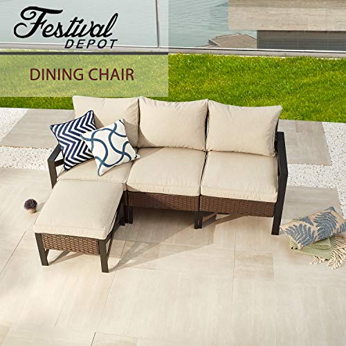 Festival Depot Outdoor Patio Bistro Dining Chair Right Armrest Sofa with X-Shaped Armrest Chair Wicker Rattan with Thick Soft Cushion with Steel Frames for Garden Yard Poolside