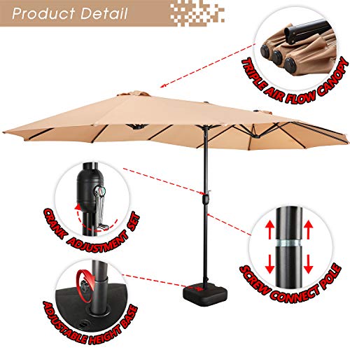 Festival Depot 14.7 ft Patio Outdoor Double-Sided Umbrella Large Twin Market Ventilation Aluminum Crank for Porch, Deck, Backyard and Pool 