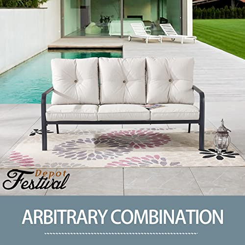 Festival Depot 1 Piece Patio 3-Seats Sofa Outdoor Furniture, All-Weather Loveseat with Curved Armrest, Metal Steel Frame and Detachable Seat & Back Cushion for Porch Balcony Deck Poolside, Beige