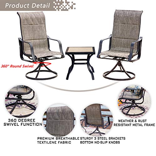 Stylish 3-Piece Outdoor 360° Swivel Armrests Dining Chairs Set with High Back Textilene Fabric and Square Coffee Table