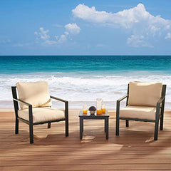 Festival Depot 3 Pieces Patio Outdoor Bistro Set Armrest Sofa Chairs with Seating Back Cushions Metal Side Coffee Table Garden