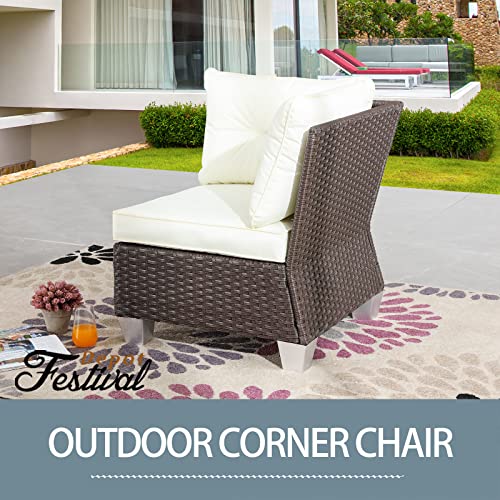 Festival Depot Patio Rattan Wicker Single Sofa Outdoor Sectional Chair with Removable Cushion Metal Frame All Weather Waterproof Furniture Seating for Garden Yard Lawn Pool (Beige)