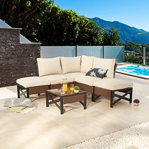 Festival Depot 6 Pieces Patio Outdoor Furniture Conversation Set Sectional Corner Sofa with All-Weather Brown PE Wicker Back Chair, Coffee Table, Ottoman and Thick Soft Removable Couch Cushions