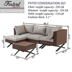 Festival Depot 5pcs Outdoor Furniture Patio Conversation Set Sectional Sofa Chairs with X Shaped Metal Leg All Weather Brown Rattan Wicker Ottoman Side Coffee Table with Grey Thick Seat Back Cushions