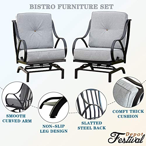 Festival Depot 2 of Outdoor Patio Dining Chairs with Blue Cushions Set Premium Fabric Metal Frame Furniture Set Garden Bistro Seating Chair Thick&Soft Cushions (2pc Dining Chairs) 