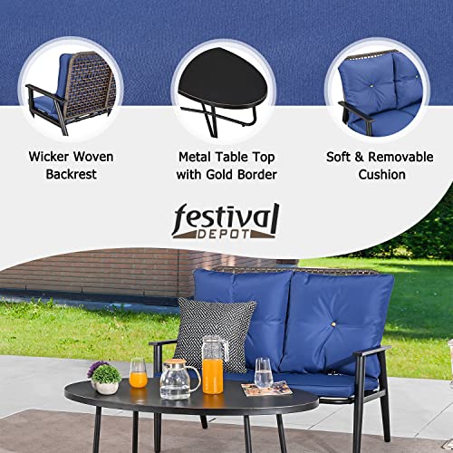 Festival Depot 2 Pcs Patio Bistro Set PE Wicker Conversation Set, Outdoor Furniture Loveseat Armchair with Cushions Metal Coffee Table for Backyard Porch Balcony Outside Poolside Lawn (Blue) 