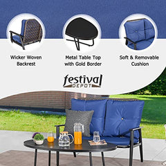 Festival Depot 2 Pcs Patio Bistro Set PE Wicker Conversation Set, Outdoor Furniture Loveseat Armchair with Cushions Metal Coffee Table for Backyard Porch Balcony Outside Poolside Lawn (Blue)
