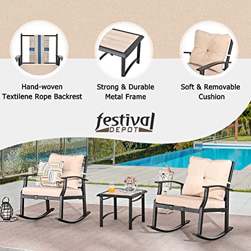 Elegant 3-Piece Rocking Bistro Set with Hand-Woven Textilene Rope, Beige Cushions, and Metal Coffee Table 