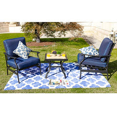 Festival Depot 3-Piece Outdoor Patio Furniture Arm Dining Chairs Set Garden Bistro Porch Deck Yard Square Metal Table and Seating Set with Thick Cushions (3pc Patio Conversation Set2, Blue)