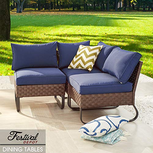 Festival Depot Dining Outdoor Patio Bistro Furniture Corner Section Chairs Wicker Rattan Premium Fabric Soft & Deep Cushions with Side U Shaped Slatted Steel Legs for Garden Yard Poolside All-Weather