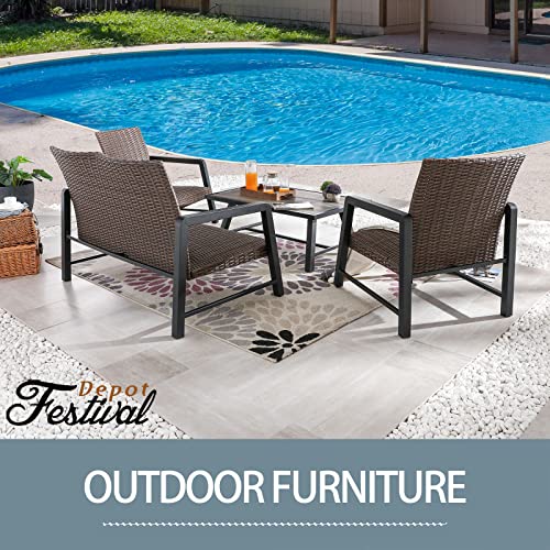 Festival Depot 4Pcs Patio Conversation Set, PE Wicker Bistro Set, All-Weather Outdoor Furniture, with 1 Loveseat 2 Armchair and 1 DPC Coffee Table for Backyard Porch Lawn Deck Garden