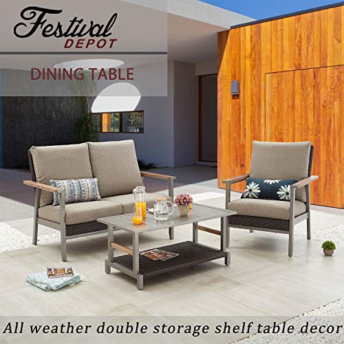 Festival Depot Outdoor Coffee Table Patio Rectangle Metal Dining Table with Wicker Shelf and Steel Legs Grey (42.1"x22"x17.7"H)