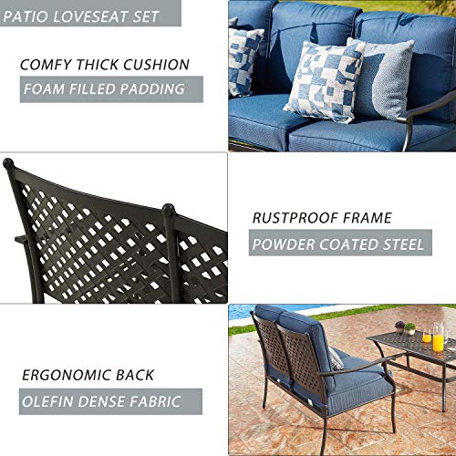 Festival Depot 2Pcs Patio Loveseat Set with Thick Cushions and Coffee Table Outdoor Metal Frame Seating Bench for Garden Bistro, Beige 