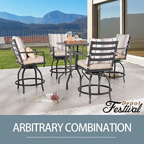 Festival Depot 5pcs Bar Bistro Outdoor Patio Furniture Set High Stool 360° Swivel Armrest Chairs with Comfort Cushion Square DPC Desktop Wood Grain Top Table Metal Steel Frame Leg All-Weather (Beige) 