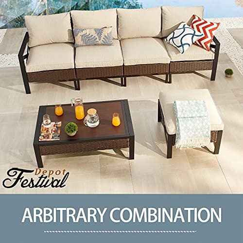 Festival Depot 5 Pieces Patio Furniture Set All-Weather Rattan Wicker Metal Frame Sofa Chair Outdoor Conversation Set Sectional Corner Couch with Cushions and Coffee Table for Deck Poolside