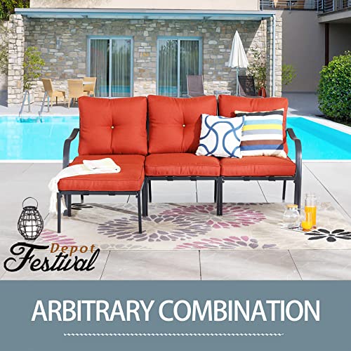 Festival Depot Patio Ottoman with Metal Footstool Thick Cushion All Weather Sectional Conversation Furniture for Backyard Pool Deck Garden (Red)