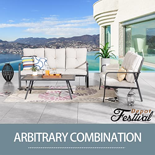 Festival Depot 3 Pcs Patio Bistro Sets Outdoor Arbitrary Combination Conversation Furniture with 1 3-Seats Sofa 1 Loveseat and 1 Coffee Table for Bar Indoor Home Garden Pool Porch (Beige)