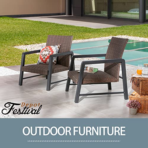 Festival Depot 2Pcs Patio Armchair Set, PE Wicker Bistro Set, All-Weather Dining Chairs with Soft Cushion Quick-Drying Cotton Built-in Under Seat Outdoor Furniture for Backyard Porch Lawn Deck Garden 