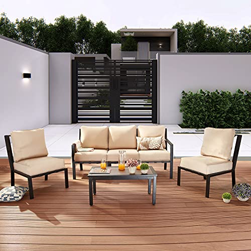 Festival Depot 6 Pieces Patio Furniture Set All-Weather Polyester Fabrics Metal Frame Sofa Outdoor Conversation Set Sectional Armless Chair with Cushion & Coffee Table for Deck Poolside Balcony(Beige)
